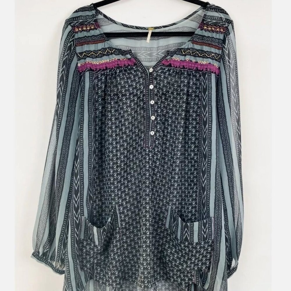 Free People Feather in the Wind Long Sleeve Beaded Tunic/Mini Dress
